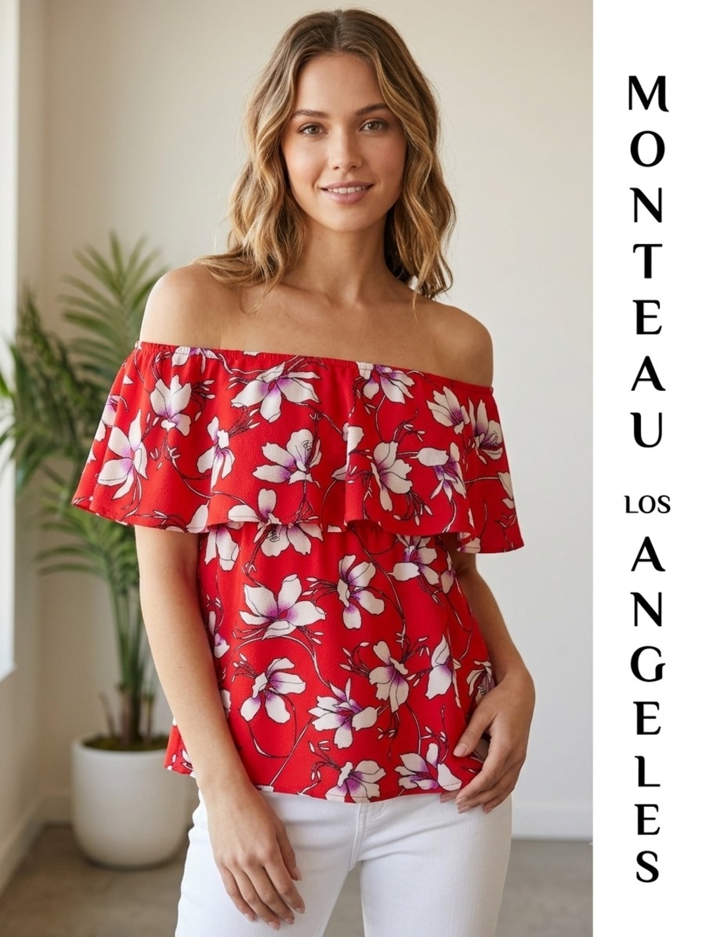 Monteau Red Floral Off-Shoulder Ruffle Camisole